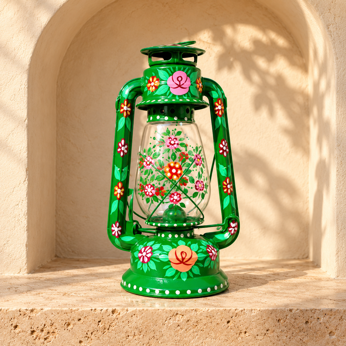 Green truck art lantern with hand-painted flowers displayed in a sunlit stone niche
