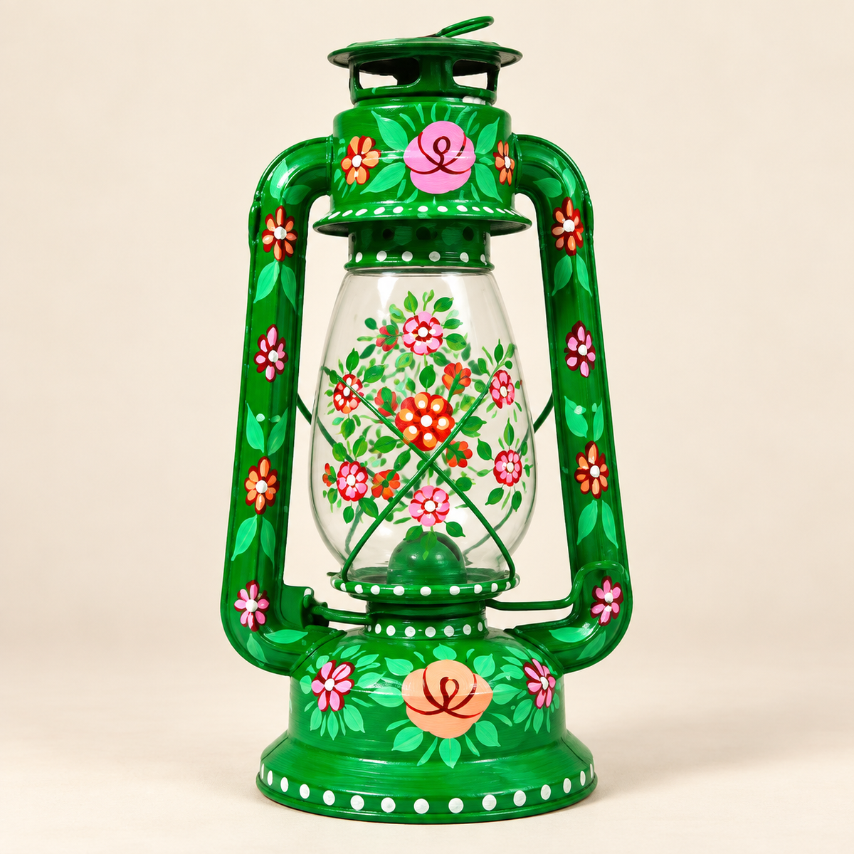 Hand-painted green floral hurricane lantern with pink and peach roses, truck art style