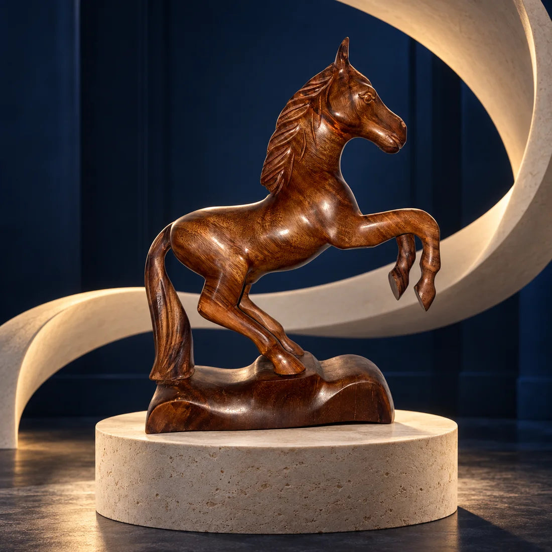 Carved wooden horse displayed against a sculptural midnight blue backdrop